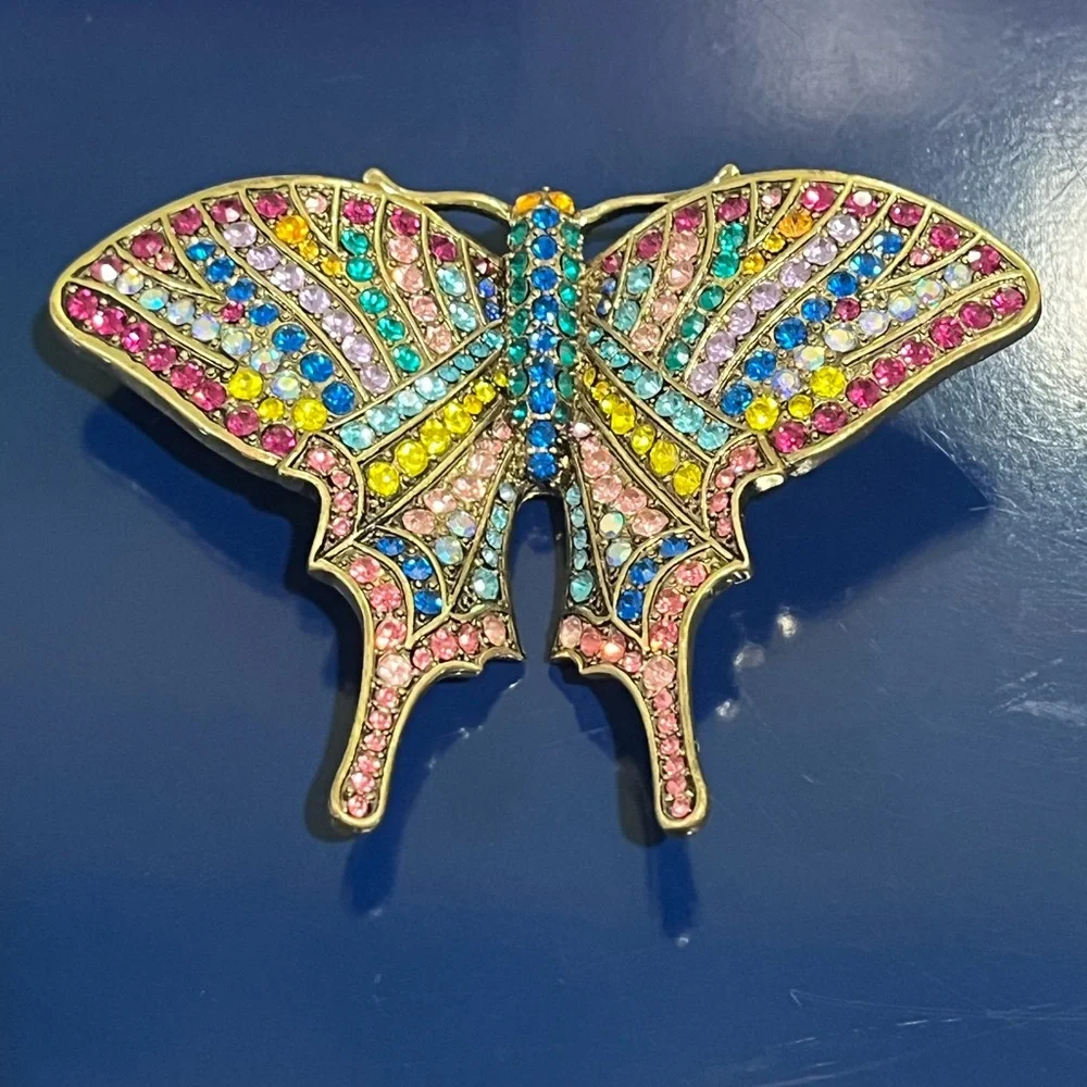 Heidi Daus Crystal Jeweled Butterfly Brooch Gold Pin Vintage Pink Aqua SIGNED